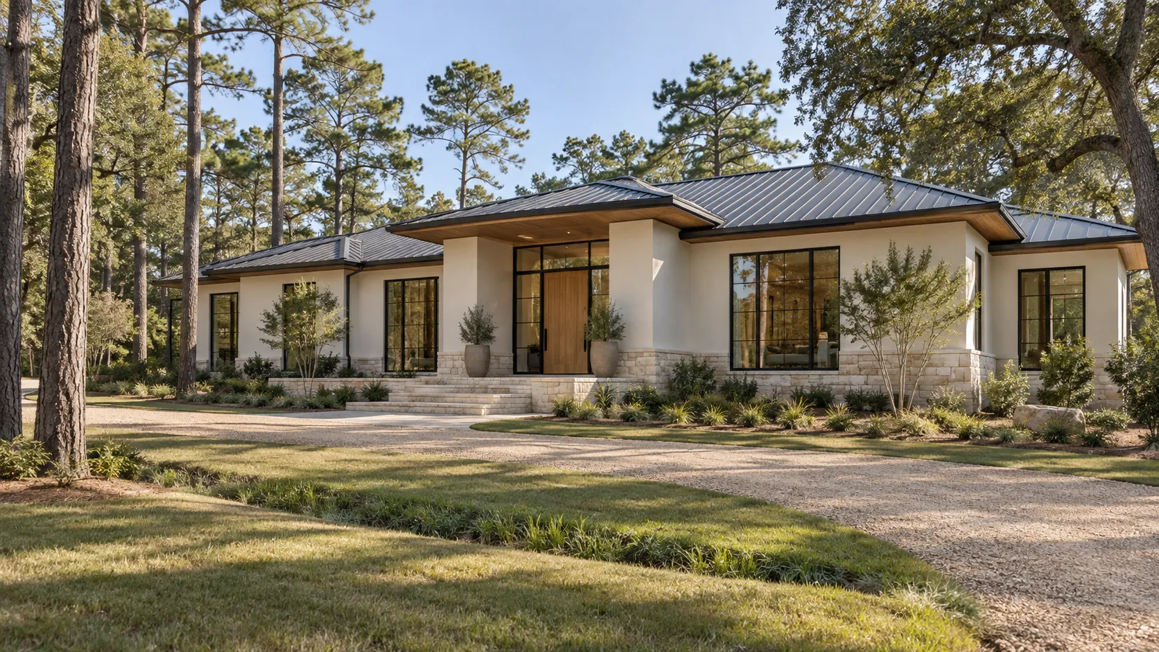 A single-storey house in cream plaster over a limestone base, with a dark standing-seam metal hipped roof, matte black steel windows and a white oak front door reached by broad limestone steps, set among tall pines and a spreading live oak, with a crushed-gravel driveway curving past a shallow grassed swale across the front lawn