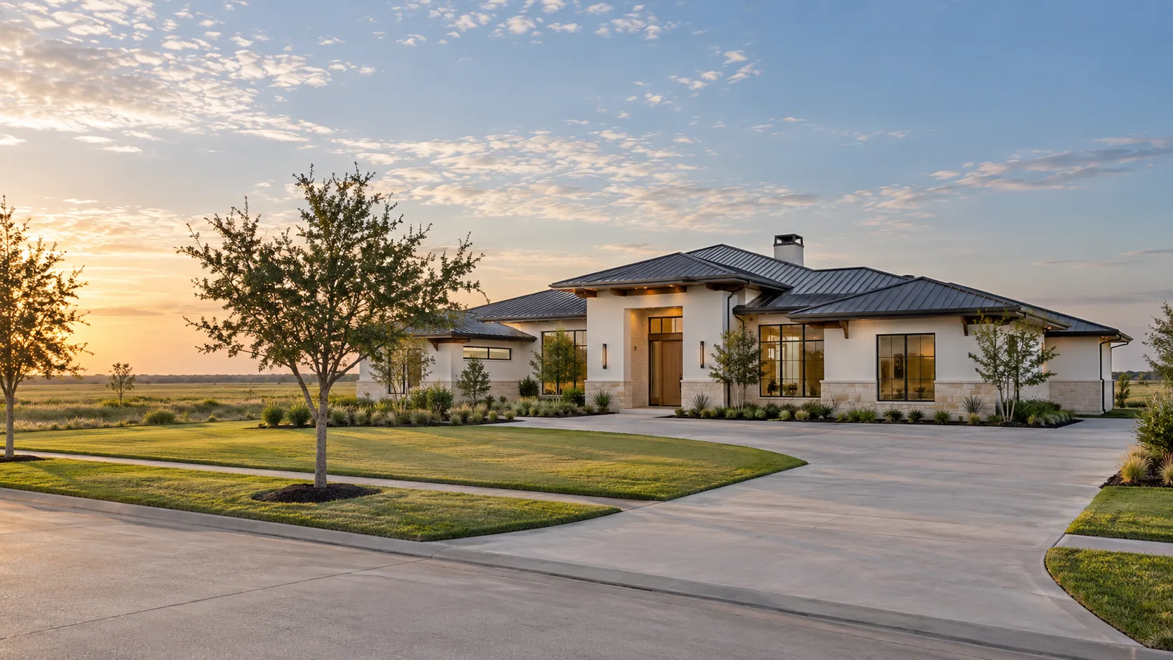 A new single-storey house in white plaster over a limestone base, with a dark standing-seam metal hipped roof, black-framed windows and a tall wood front door, behind a wide curving concrete driveway, a mown lawn and young street trees, with flat open prairie stretching to the horizon at sunrise