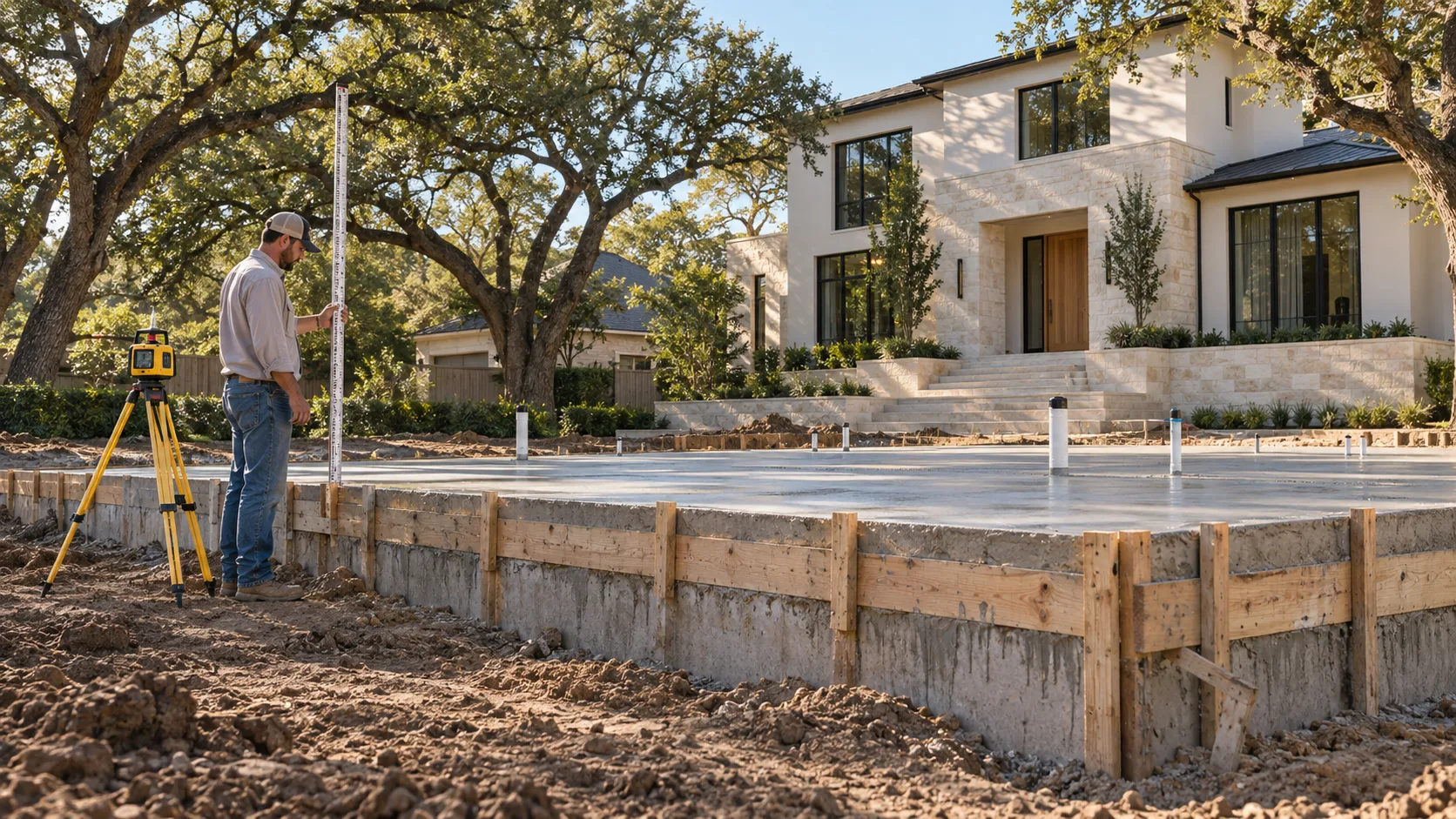 A freshly poured concrete foundation standing well above the bare soil of a Houston lot, its edge still boxed in timber formwork and white plumbing stubs rising from the slab, with a male builder in a cap holding a tall grade rod beside a laser level on a yellow tripod, and a finished cream plaster and limestone house with broad limestone steps and a white oak door under live oaks behind