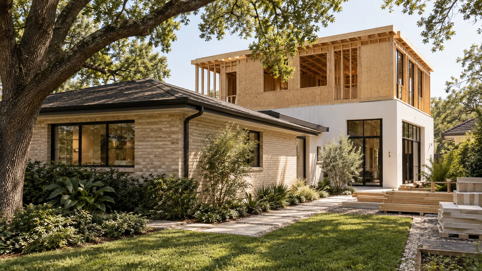 A single-storey pale brick ranch house with a dark hipped roof and black-framed windows, joined at the back by a new two-storey addition whose lower floor is finished in white plaster with tall black-framed glass doors while the upper floor is still bare timber framing and sheathing, seen from the side yard under a large live oak with a stepping-stone path, lawn and stacked lumber and stone